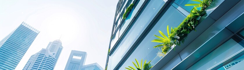 Poster - A city skyline featuring green buildings and rooftop gardens, illustrating urban sustainable investment opportunities. The sky above the buildings offers plenty of copy space.