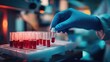 © FACTORY GRAPHICA  - blue gloves replacing micro pipettes or vials containing blood samples in a science