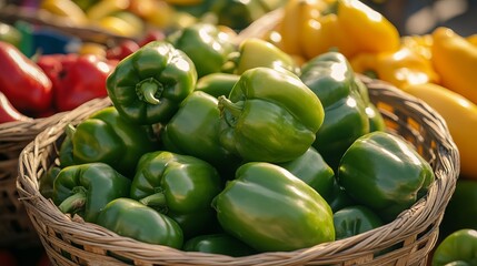 Wall Mural - Fresh green bell peppers piled in a basket at the market. The bright sun highlights their glossy skins. Some unripe red and yellow peppers add color to the green ones.