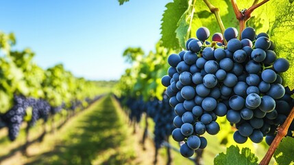 Closeup of ripe grapes on a vine in a vineyard.