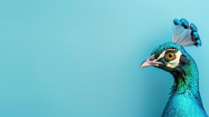 Wall Mural - Vibrant peafowl on a clean blue background, perfect for eyecatching web banners that demand attention and enhance visuals.