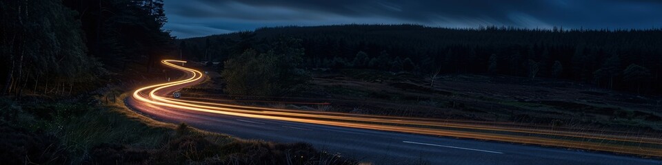Wall Mural - A serene country road at night, captured with long exposure to show the light trails from occasional passing vehicles, surrounded by dark forest