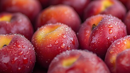 Wall Mural - Fresh peaches with water droplets are arranged in a creative way. They look beautiful and refreshing.