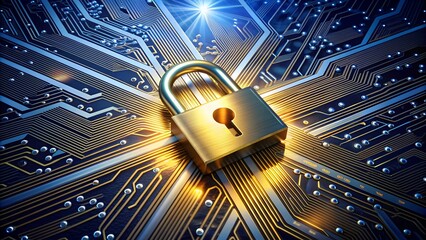 Poster - Golden Padlock Representing Cybersecurity - Unlocking and Protecting Intricate Circuits of a Computer Motherboard with Illuminating Rays of Light Against a Dark Technological Background
