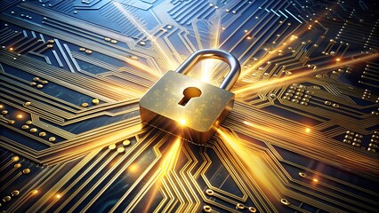 Poster - Golden Padlock Representing Cybersecurity - Unlocking and Protecting Intricate Circuits of a Computer Motherboard with Illuminating Rays of Light Against a Dark Technological Background