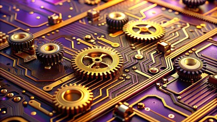 Poster - Macro View of Printed Circuit Board with Golden Gears and Wires - Industrial Machinery, Abstract Metallics, and Futuristic Digital Circuitry