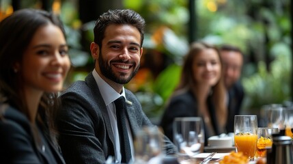 Wall Mural - Man smiling at the camera while sitting at a table with friends