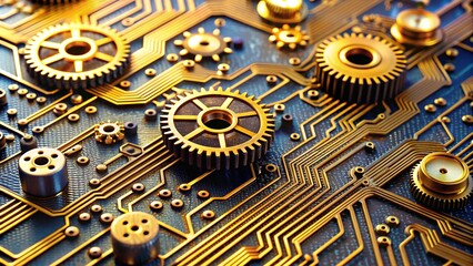 Poster - Macro View of Printed Circuit Board with Golden Gears and Wires - Industrial Machinery, Abstract Metallics, and Futuristic Digital Circuitry