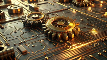 Poster - Macro View of Printed Circuit Board with Golden Gears and Wires - Industrial Machinery, Abstract Metallics, and Futuristic Digital Circuitry