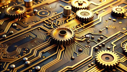 Poster - Macro View of Printed Circuit Board with Golden Gears and Wires - Industrial Machinery, Abstract Metallics, and Futuristic Digital Circuitry