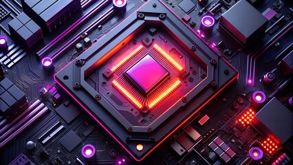 Poster - Top View of a Black Motherboard with Neon Glowing Lights