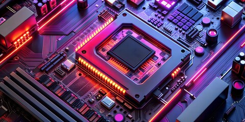 Poster - Top View of a Black Motherboard with Neon Glowing Lights