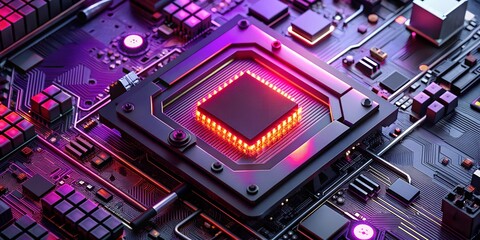 Poster - Top View of a Black Motherboard with Neon Glowing Lights