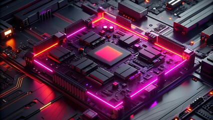 Poster - Top View of a Black Motherboard with Neon Glowing Lights