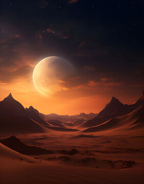 a desert themed poster for ramadan with a moon on it, in the style of photorealistic pastiche, light navy and dark brown, rtx on, commission for