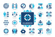 © Genestro - Collaboration icon set. Goal, Togetherness, Communication, Team, Crowdfunding, Cooperation, Social, Result. Duotone color solid icons