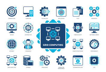 Aufkleber - grid computing icon set. common goal, files, distribution, system, resources, processing, cyberspace