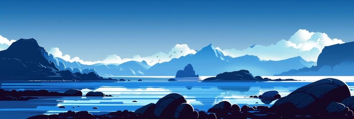 Poster - Minimalist landscape with distant sky islands ocean and rocky beach