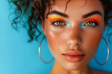 Canvas Print - A woman with bright orange and blue eye makeup and large hoop earrings