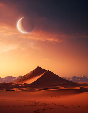 a desert themed poster for ramadan with a moon on it, in the style of photorealistic pastiche, light navy and dark brown, rtx on, commission for