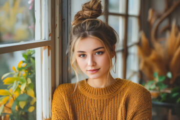 A woman in a yellow sweater leaning against a window