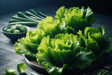 Wall Mural - A plate of green lettuce is on a wooden table