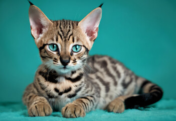 Wall Mural - A kitten with blue eyes is laying on a green surface