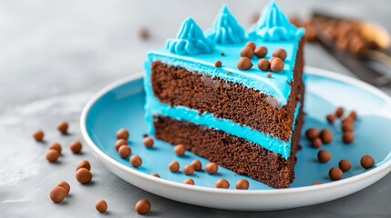 Wall Mural - A slice of chocolate cake with blue frosting and chocolate sprinkles on a plate