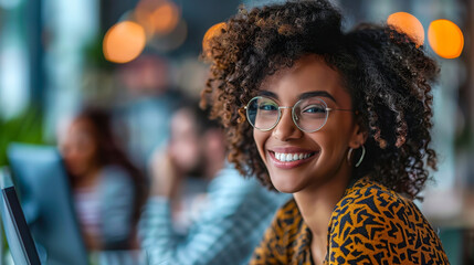 Wall Mural - Young Smiling African American Businesswoman Working on Computer in Diverse Office Environment with Co-workers, Happy and Productive Workspace, Daytime Professional Setting