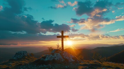 Wall Mural - Mountain Sunset with Cross