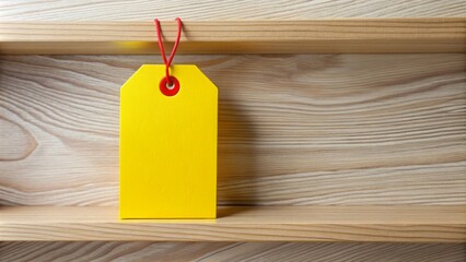 A bright yellow price tag with a red label and discount sticker hangs from a new white product on a clean wooden shelf background.