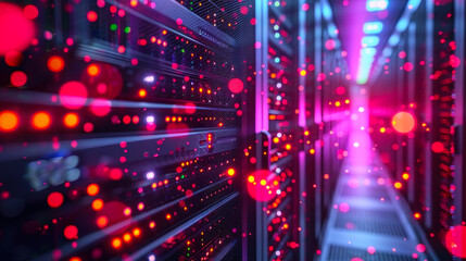 Poster - high-tech data center servers connected via fiber optic cables, cloud computing infrastructure with 