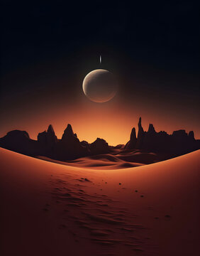 a desert themed poster for ramadan with a moon on it, in the style of photorealistic pastiche, light navy and dark brown, rtx on, commission for