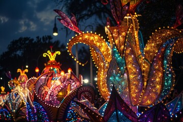 Poster - a float decorated with vibrant lights shining brightly at night during a festive event, flamboyant f