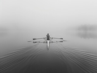 Wall Mural - Person rowing boat on foggy lake