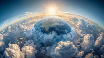 Wall Mural - Our tiny planet Earth, seen from high above, floats in a sea of white cotton-like clouds under the warm sunlight.