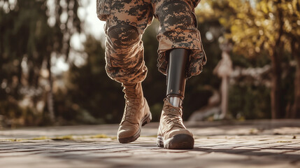 Closeup of military soldier in uniform with prosthetic leg returning from war 