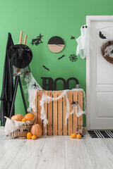 Sticker - Interior of hall decorated for Halloween with door and rack