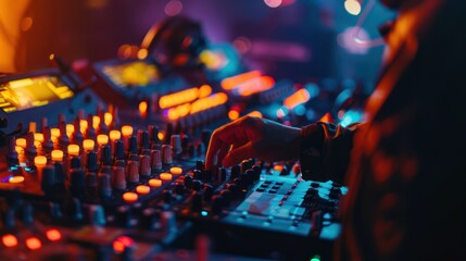 Close-up of a lighting technician adjusting stage visuals during a live show.