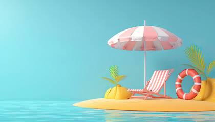 Yellow beach chairs or seats with umbrella, Summer concept, Minimal scene. Beach seats 3D rendering on blue background