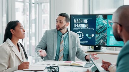 Poster - Ai, business people and team presentation on screen in meeting for coaching, stats or analysis in office. Group, data engineer and work on machine learning project, planning and training with manager