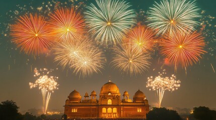 Wall Mural - Fireworks Display Over a Majestic Building.