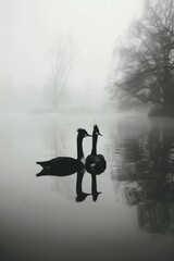 Canvas Print - Ducks swimming in foggy lake