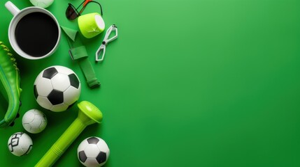 Soccer Equipment and Coffee on Green Background.