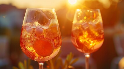 iced tea with lemon against the backdrop of the setting sun