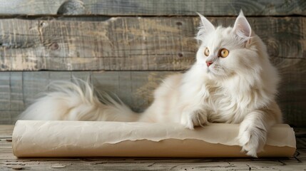 Wall Mural - White Persian cat and paper on wood background