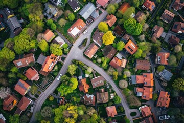 aerial view of springtime german village with lush greenery and red-tiled roofs