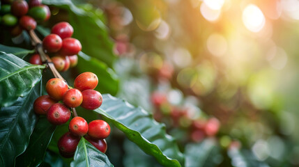 Wall Mural - A concept for the coffee business. Coffee beans. Coffee splashes. Coffee plantations. A cup of coffee. Background with an image of a cup of coffee and coffee beans.