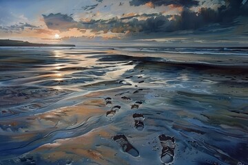 Wall Mural - Footprints in the sand leading towards the ocean at sunset, Footprints disappearing in the tide