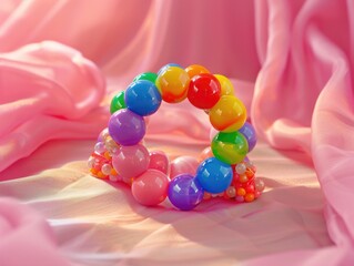 Sticker - Colorful bead bracelet on pink fabric